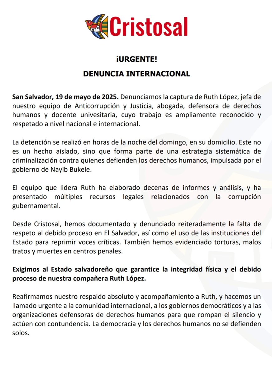#LOÚLTIMO | La organización Cristosal emitió un comunicado en el que denuncia el arresto de Ruth Eleonora López, jefa de la unidad de Anticorrupción y Justicia de la misma, y quien fue detenida la noche de este domingo.

La Fiscalía indicó en X que la acusa de peculado.

Sepa