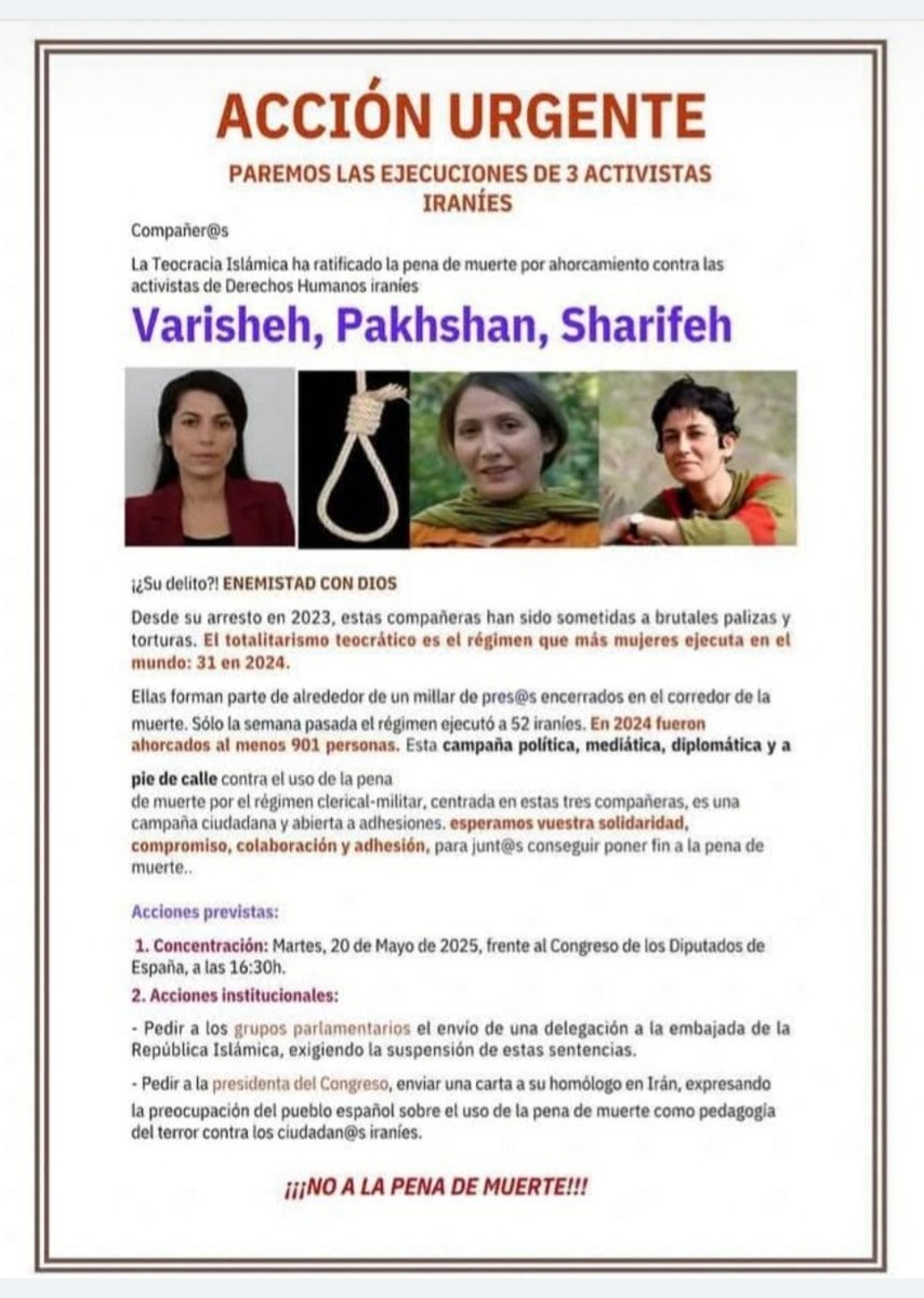 🇮🇷 IRÀN :STOP ejecución de 3 militantes feministas

La Asociación Paz Ahora se suma a la  CONCENTRACIÓN
📢Martes 20/5
🕦16:30 h.
➡️ Congreso Diputados. 

Etiqueta a la embajada <a href="/IraninSpain/">Embajada de Irán en España</a> con los hastag: #NoalaPenadeMuerte
#ZanZendegiAzadi #MujerVidaLibertad 
#WomenLifeFreedom