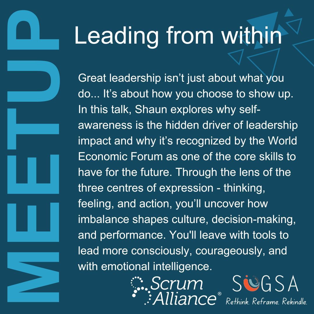 Join us on 29th May at 18:00 - 19:00 for an insightful talk by Shaun on: "Leading from within: The hidden power of Thinking, Feeling and Action."

Location: 2nd Floor Pier Place, Heerengracht Street, Cape Town, 8000

RSVP now to secure your spot: meetup.com/cape-town-scru…