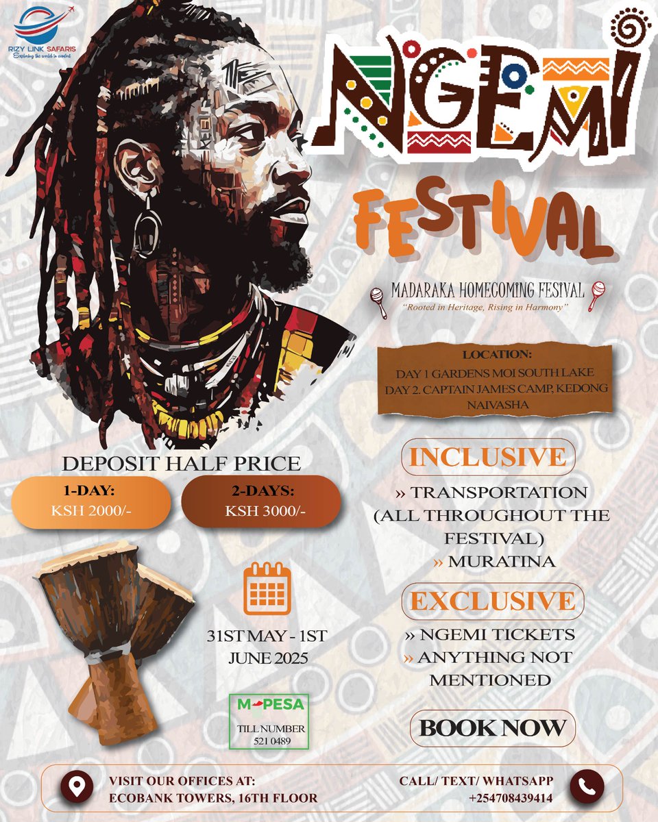LinkRizy's tweet photo. Book with only half the price only 
Tag along with us to Ngemi Festival! Celebrate Madaraka Day with culture and fun 
Visit our office at Ecobank Towers 16th floor along Muindi Mbingu street or Contact us +254708439414

#rizylinksafaris #ngemi #MainaAndKingangi https://t.co/ePW4vIM885