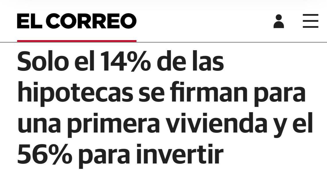 Tan solo el 14% de las hipotecas que dan los bancos se usan para acceder a una primera vivienda.

El 56% de las mismas, por contra, se usan para especular con la vivienda.

Hay que prohibir la compra de vivienda para especular. No queda otra.