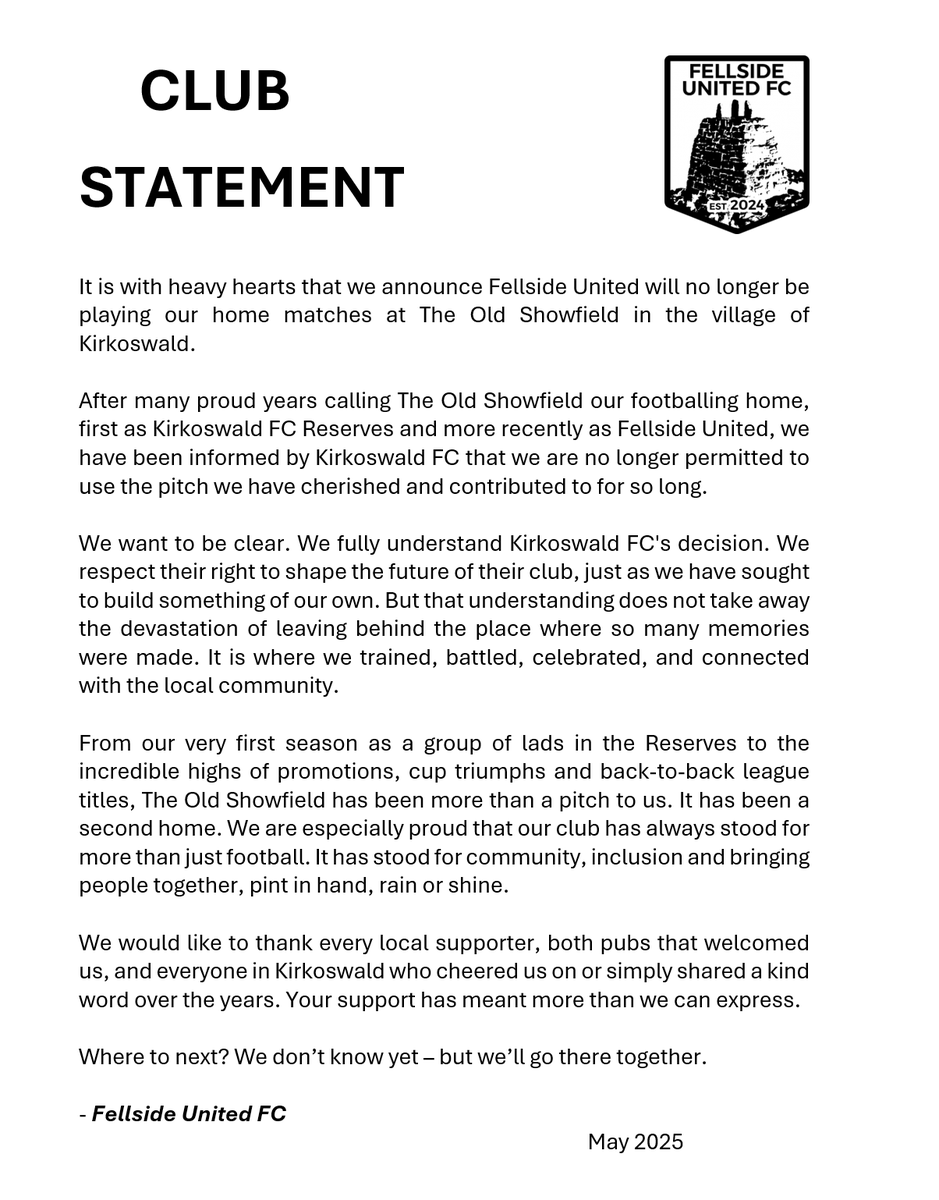 Fellside_United's tweet photo. 🚨 𝐂𝐋𝐔𝐁 𝐒𝐓𝐀𝐓𝐄𝐌𝐄𝐍𝐓 🚨 https://t.co/VkwT2ACD9N