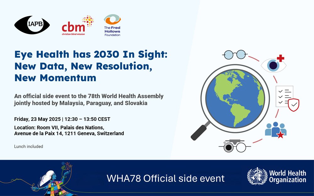 CBM Inclusive Health Initiative (@cbmihi) on Twitter photo This Friday at the <a href="/UN/">United Nations</a> in Geneva: <a href="/cbmWorldwide/">CBM Christian Blind Mission</a> joins <a href="/IAPB1/">IAPB</a>, 🇵🇾Paraguay, 🇲🇾Malaysia & 🇸🇰Slovakia to co-host “Eye Health has 2030 in Sight.”
Diego Santana, CBM Senior Global EHC Advisor will spotlight the new WHO resolution on sensory impairment.
RSVP🔗 iapb.world/iapb_official_… This Friday at the <a href="/UN/">United Nations</a> in Geneva: <a href="/cbmWorldwide/">CBM Christian Blind Mission</a> joins <a href="/IAPB1/">IAPB</a>, 🇵🇾Paraguay, 🇲🇾Malaysia & 🇸🇰Slovakia to co-host “Eye Health has 2030 in Sight.”
Diego Santana, CBM Senior Global EHC Advisor will spotlight the new WHO resolution on sensory impairment.
RSVP🔗 iapb.world/iapb_official_…
