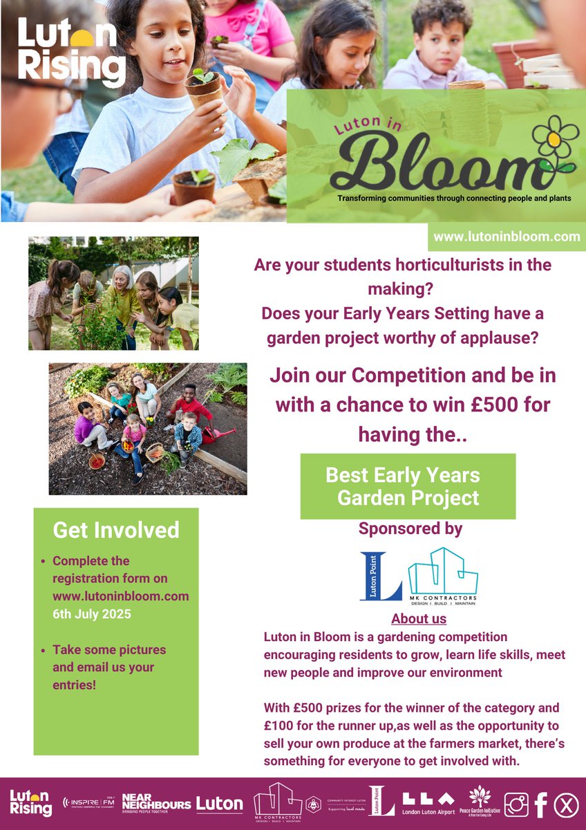 Are you a nursery with a garden? Do your little ones love getting messy in the mud and growing things together? 🌼

Celebrate your green space by entering the Luton in Bloom competition! You could win up to £500 for your nursery! 🌿

Submit your garden at: lutoninbloom.co.uk
