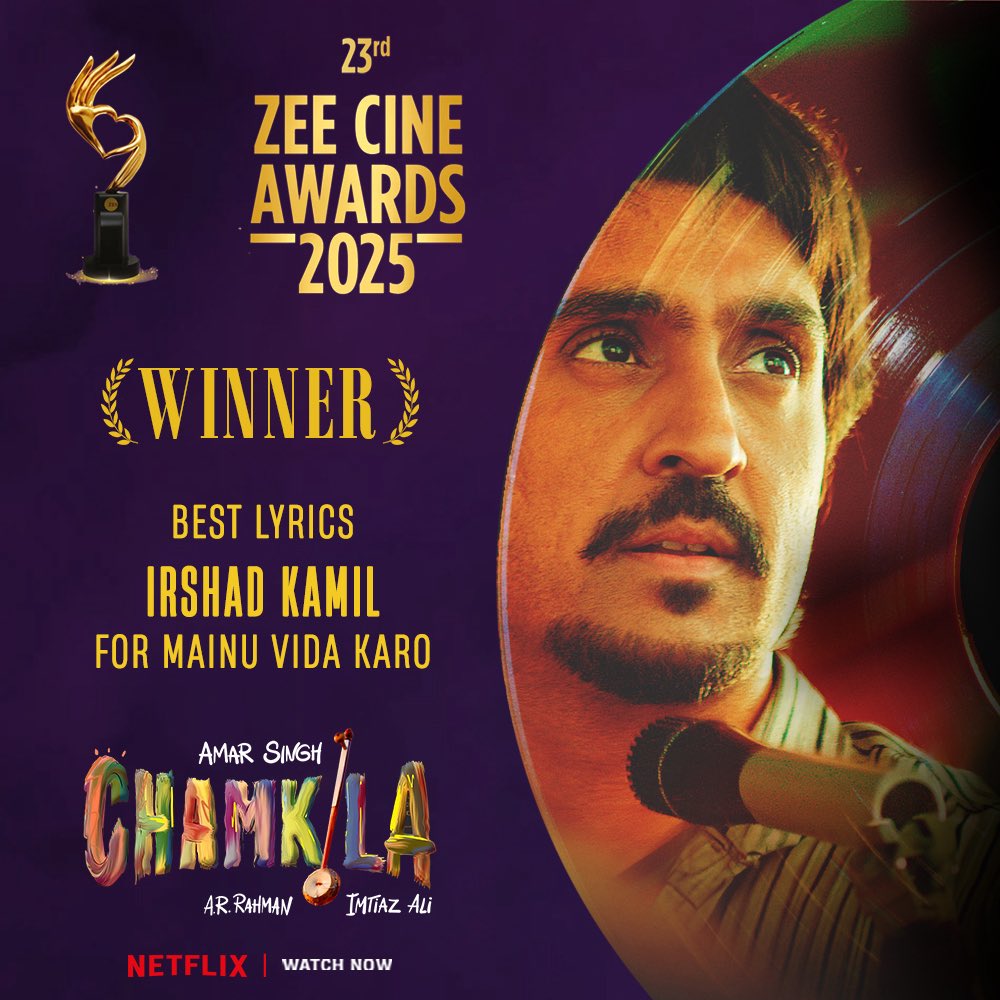 Reliance Entertainment (@relianceent) on Twitter photo A song full of soul, lyrics full of heart. ЁЯО╢
Congratulations to <a href="/Irshad_Kamil/">Irshad Kamil</a> for winning Best Lyricist award at #ZeeCineAwards for тАЬMainu Vida KaroтАЭ from #AmarSinghChamkila. <a href="/ZeeCineAwards/">Zee Cine Awards</a>ЁЯПЖ
#ImtiazAli <a href="/mocho05/">Mohit Choudhary</a> <a href="/NetflixIndia/">Netflix India</a> <a href="/CastingChhabra/">Mukesh Chhabra CSA</a> <a href="/saregamaglobal/">Saregama</a> <a href="/rajnishkhanuja/">Rajnish Khanuja</a> A song full of soul, lyrics full of heart. ЁЯО╢
Congratulations to <a href="/Irshad_Kamil/">Irshad Kamil</a> for winning Best Lyricist award at #ZeeCineAwards for тАЬMainu Vida KaroтАЭ from #AmarSinghChamkila. <a href="/ZeeCineAwards/">Zee Cine Awards</a>ЁЯПЖ
#ImtiazAli <a href="/mocho05/">Mohit Choudhary</a> <a href="/NetflixIndia/">Netflix India</a> <a href="/CastingChhabra/">Mukesh Chhabra CSA</a> <a href="/saregamaglobal/">Saregama</a> <a href="/rajnishkhanuja/">Rajnish Khanuja</a>