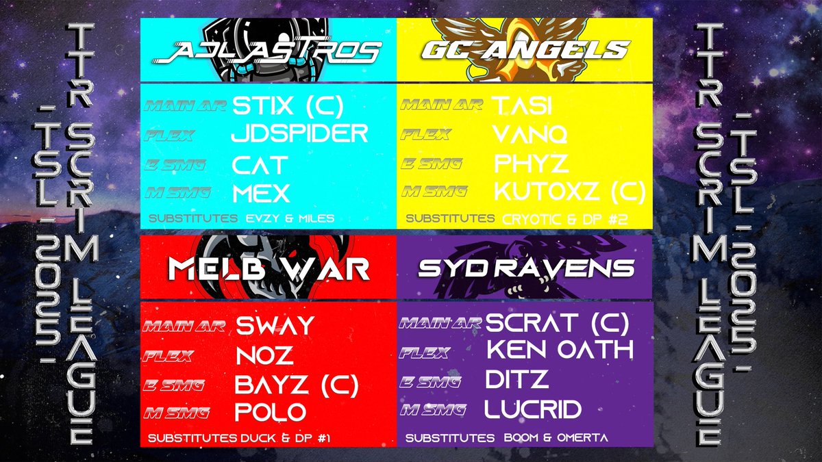 ANNOUNCING YOUR 2025 TEAMS FOR BO6 !

CAPTAINS:
ADL: <a href="/Stixeed/">Stix</a> 
GC: <a href="/Kutoxz/">Joel Jamieson</a> 
MELB: <a href="/bayztoe/">Bayz</a> 
SYD: <a href="/Scratty/">Scrat</a> 

#UpTTR #TTRCod