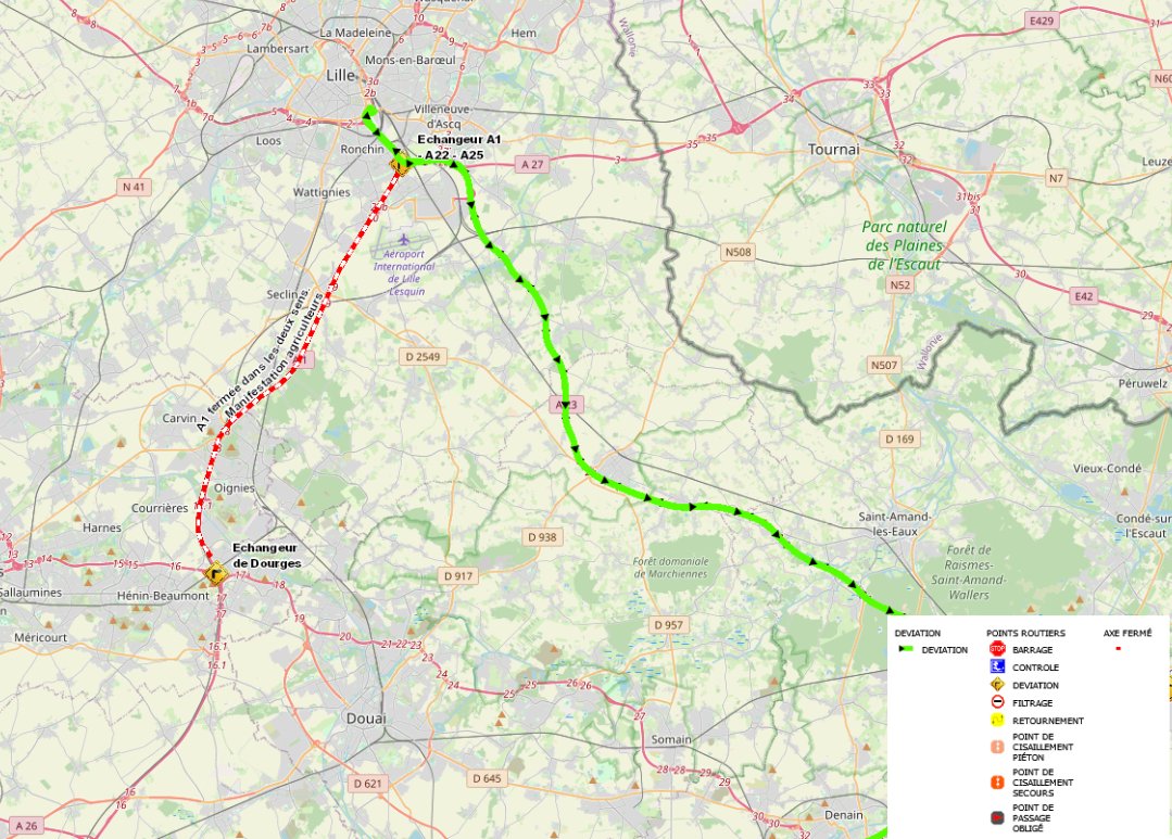 Prefet62's tweet photo. En raison d'un mouvement agricole, les conditions de circulation sont très difficiles sur l'A1 (2 sens).
❌ Fermeture de toutes les bretelles d'accès entre #Dourges et #Seclin.
✅Déploiement d'une déviation (cf🟢).
⚠️Suivez les consignes détaillées sur les panneaux. https://t.co/1g7ROuY5iM