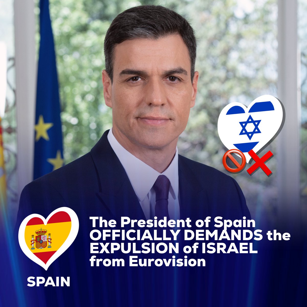 samuel ๐ฆ๐ฑ (@samueel6_) on Twitter photo ๐จ๐ช๐ธ Spainโs President Pedro Sรกnchez has just officially demanded #ISRAEL EXPULSION from the #Eurovision Song Contest: โJust like Russia when invaded Ukraine, Israel should be banned. We canโt accept double standards (from the EBU), Spain is with ๐บ๐ฆ Ukraine and ๐ต๐ธ Palestineโ ๐จ๐ช๐ธ Spainโs President Pedro Sรกnchez has just officially demanded #ISRAEL EXPULSION from the #Eurovision Song Contest: โJust like Russia when invaded Ukraine, Israel should be banned. We canโt accept double standards (from the EBU), Spain is with ๐บ๐ฆ Ukraine and ๐ต๐ธ Palestineโ