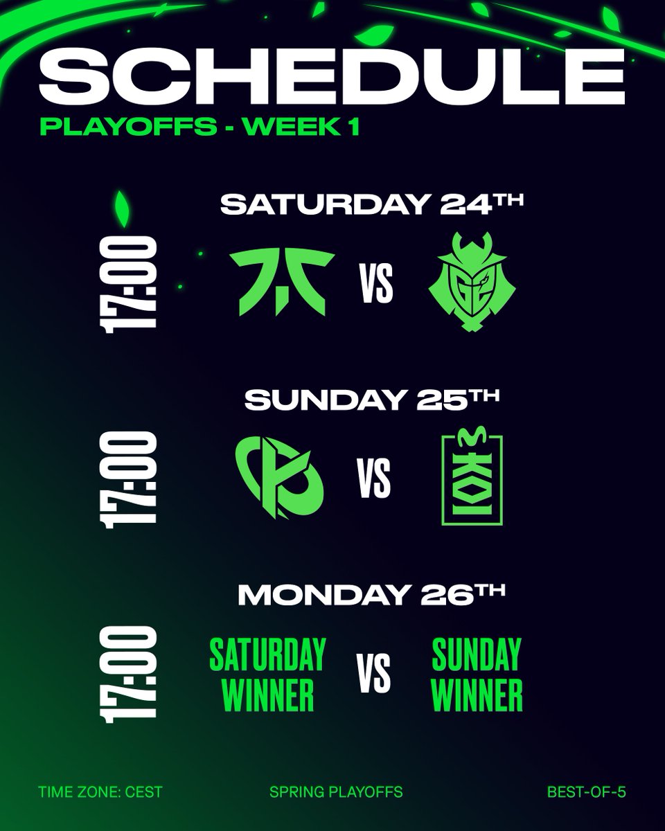 LEC's tweet photo. BANGERS ONLY

Your schedule for the first week of the #LEC Spring Playoffs! 🗓️ https://t.co/vAwbjSmaIp
