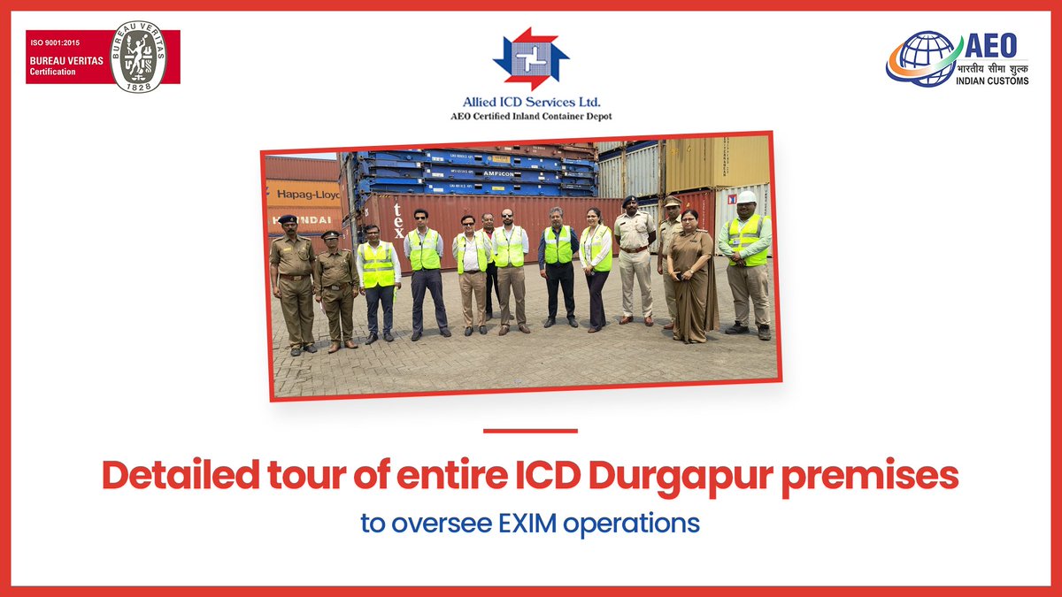 Allied ICD Services Ltd. (@alliedicd) on Twitter photo We welcomed Shri Vinayak Azaad, Principal Commissioner- Customs (Preventive) at #ICDDurgapur. Shri Azaad sir gave valued time to understand our infrastructure & cargo handling facilities.
#LogisticsIndia #Durgapur #WestBengal #logistics <a href="/FinMinIndia/">Ministry of Finance</a> <a href="/cbic_india/">CBIC</a> <a href="/kolkata_customs/">Kolkata Customs</a> We welcomed Shri Vinayak Azaad, Principal Commissioner- Customs (Preventive) at #ICDDurgapur. Shri Azaad sir gave valued time to understand our infrastructure & cargo handling facilities.
#LogisticsIndia #Durgapur #WestBengal #logistics <a href="/FinMinIndia/">Ministry of Finance</a> <a href="/cbic_india/">CBIC</a> <a href="/kolkata_customs/">Kolkata Customs</a>