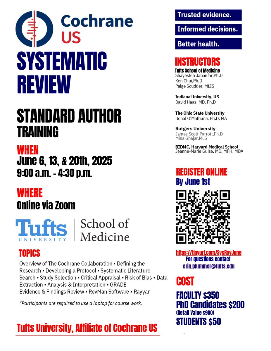 👀This June, elevate your research expertise by joining the Systematic Review Training🎊  
📅June 6, 13, &amp; 20, 2025 
⏰9:00 AM – 4:30 PM (Online via Zoom) 
 👉👉 secure.touchnet.net/C21525_ustor...

#tufts #EBM #Systematicreviews
