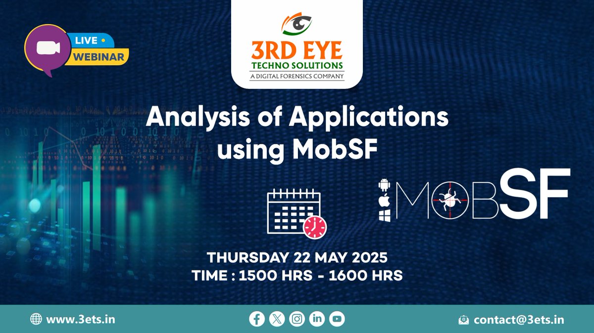 3ets_Forensics's tweet image. 🔐Webinar Alert!
📱Analysis of Applications using MobSF
🗓️22 May 2025 | ⏰ 3–4 PM IST
🚀Learn how to detect mobile app vulnerabilities using MobSF!
🎯Live demo + expert insights
🔗Join: teams.microsoft.com/l/meetup-join/… 
#MobSF #AppSecurity #CyberSecurity #Webinar #MobileSecurity #3ETS