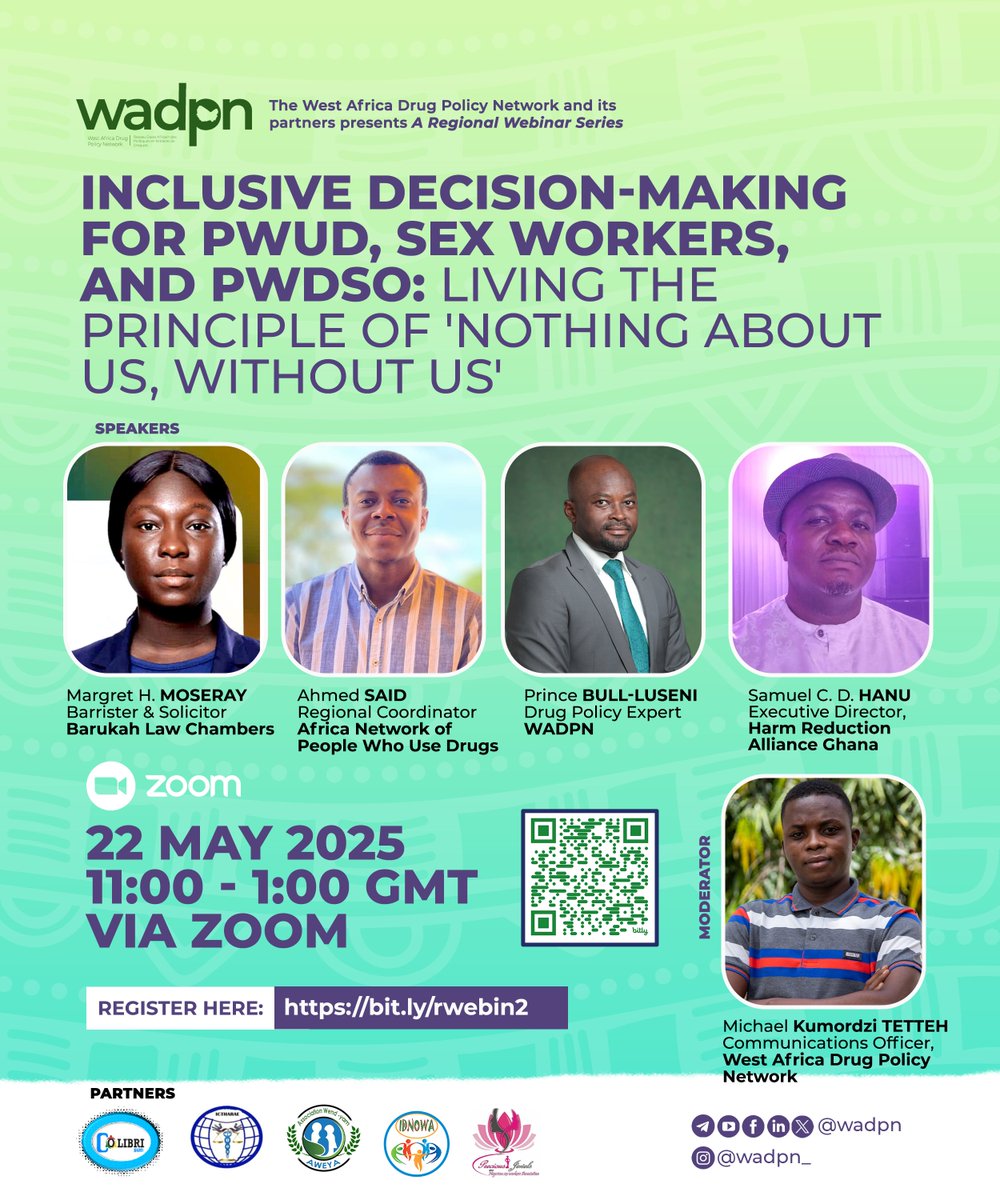 ⏳Only 3 days to go!

I will be moderating a webinar organised by <a href="/wadpn/">West Africa Drug Policy Network</a>  this Thursday, 22 May 2025, at 11:00 GMT.

🔗 Register to be part of the discussion on the power of inclusion, participation, and equity via bit.ly/rwebin2.

#WestAfrica #Inclusion #WADPN #Africa