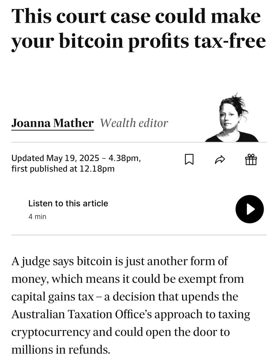 JUST IN: 🇦🇺 Australian judge rules Bitcoin is a form of money, not an  asset, potentially exempting it from capital gains tax. If upheld, the  decision could trigger up to $1B in