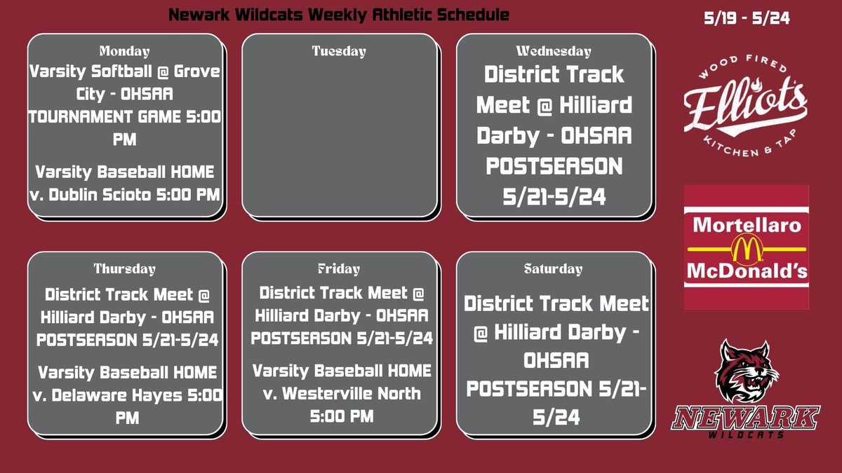 Softball and Track &amp; Field start postseason play this week. Check out this week’s athletics schedule sponsored by Mortellaro McDonald’s and Elliot's. Come out and support our Wildcat athletes! #GoCats