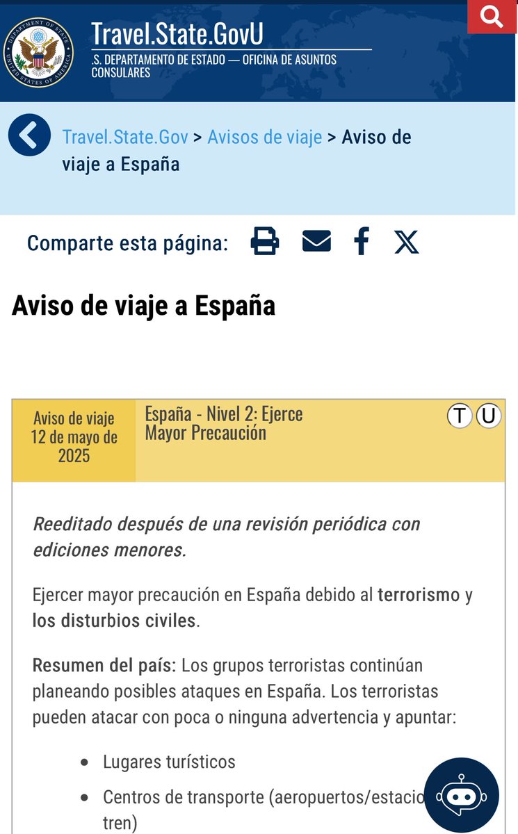 ⚠️Estados Unidos lanza un aviso para advertir a sus ciudadanos que viajen a España por riesgo de atentado.
travel.state.gov/content/travel…