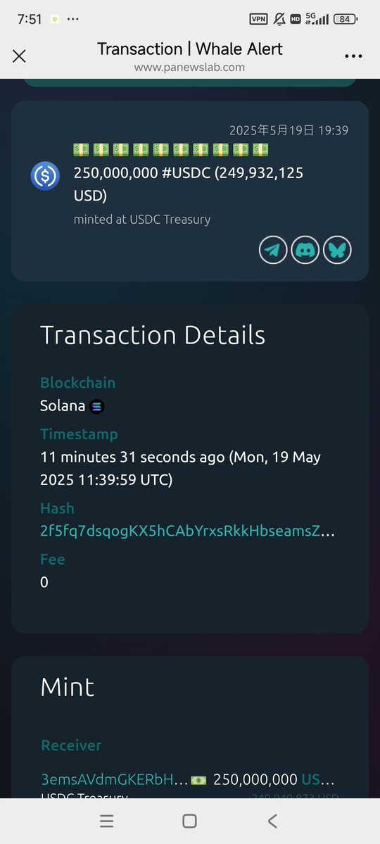 🚨 BREAKING: "USDC Treasury Emissione di 250 Milioni di USDC sulla Blockchain di Solana"