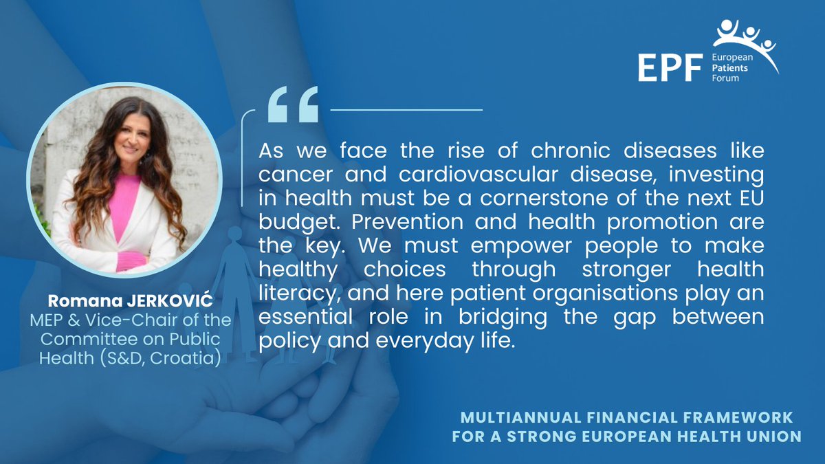 European Patients' Forum (@eupatientsforum) on Twitter photo The next #MFF must ensure the investment needed to build a true #EuropeanHealthUnion, as recognised by <a href="/Europarl_EN/">European Parliament</a> on 8 May.
We thank MEP <a href="/JerkovicRomana/">Romana Jerković Kraljić MEP</a> for highlighting the need to tackle chronic diseases and empower patients.
🔗bit.ly/4j2f7Fp
#StandWithPatients The next #MFF must ensure the investment needed to build a true #EuropeanHealthUnion, as recognised by <a href="/Europarl_EN/">European Parliament</a> on 8 May.
We thank MEP <a href="/JerkovicRomana/">Romana Jerković Kraljić MEP</a> for highlighting the need to tackle chronic diseases and empower patients.
🔗bit.ly/4j2f7Fp
#StandWithPatients