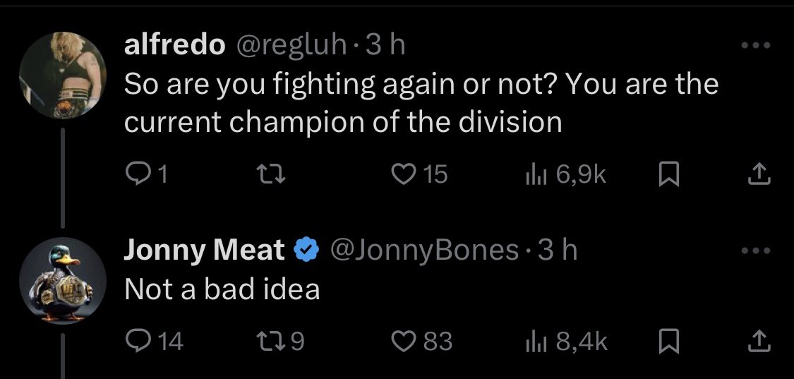 FightSideFR's tweet photo. "Not a bad idea"

C'est la réponse de Jon Jones lorsqu'un fan lui demande s'il compte défendre son titre de champion heavyweight de l'UFC.

Pour rappel, Dana White a affirmé ce week-end que Jones combattra a "100% en 2025". 👀

💬 Vers un retour dans la cage au MSG en novembre ? https://t.co/EFFpipli2f