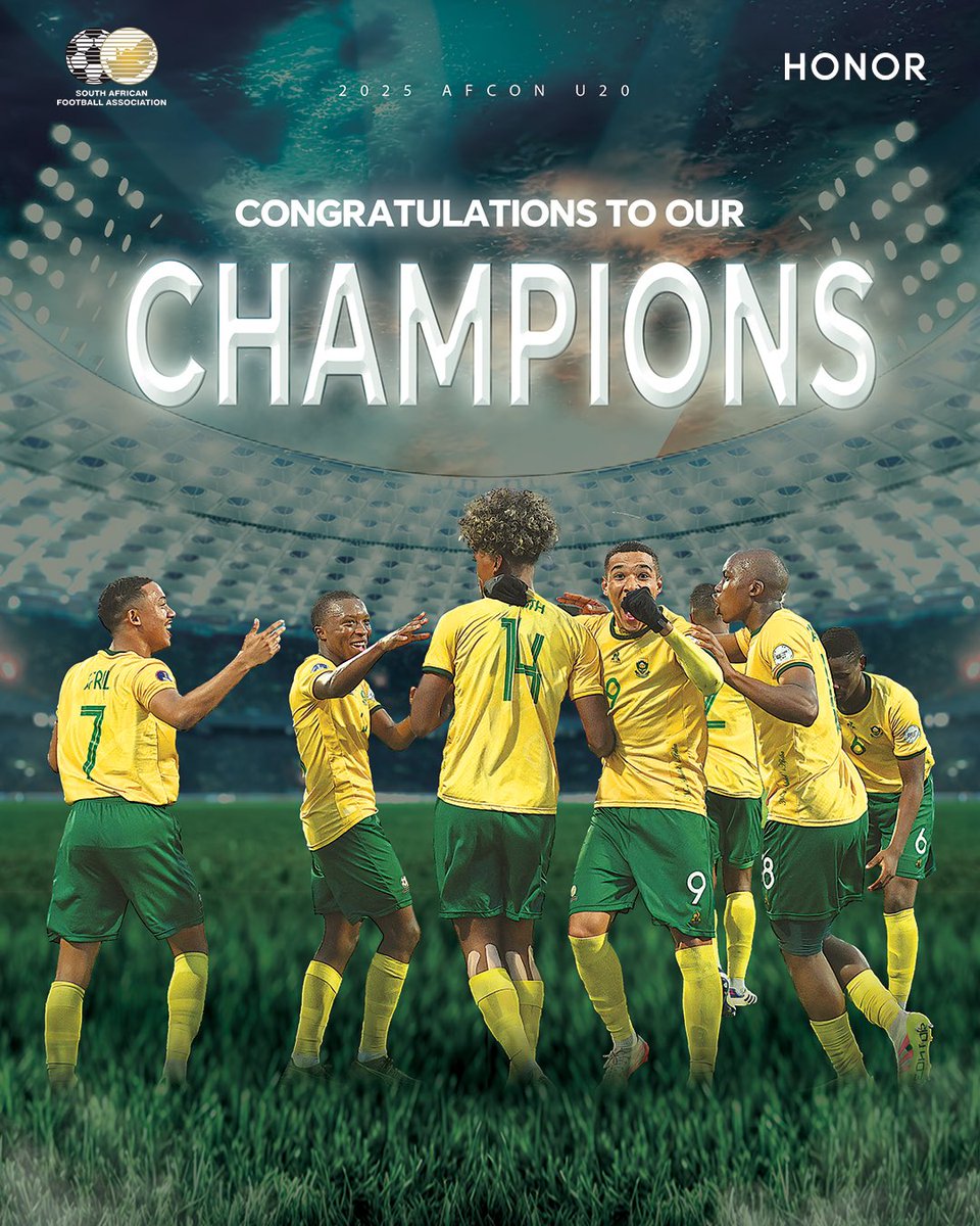 The Amajitas have done it! 🇿🇦 

After 28 years, South Africa’s U20 national team lifts the #AFCONU20Final trophy, defeating Morocco in a thrilling final! 🔥 

This victory isn’t just a win—it’s a legacy reborn for South African football. 🌍