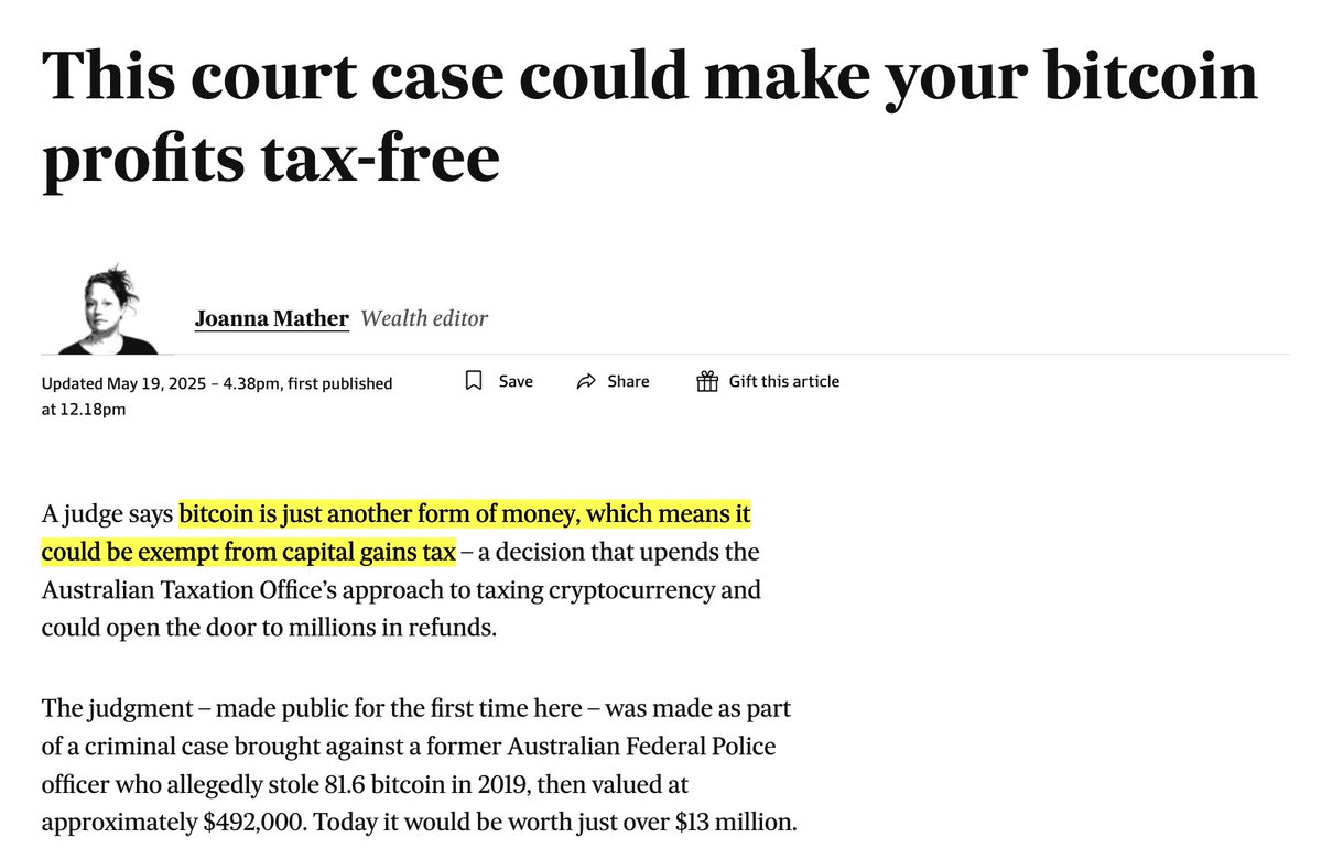 BREAKING: 🇦🇺 Australian judge rules that Bitcoin is a form of money, which could make it exempt from capital gains tax – AFR