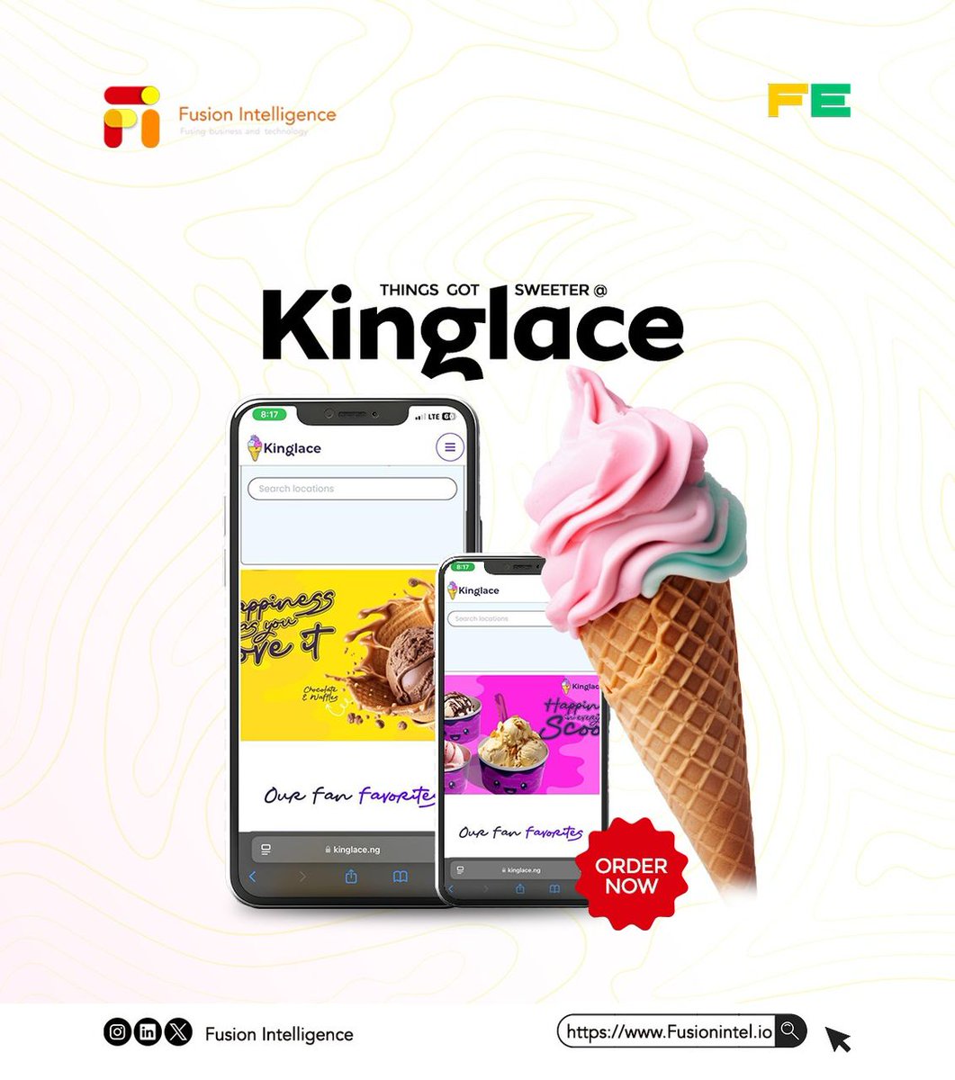 FusionIntelTech's tweet photo. Kinglace Ice Cream just got even sweeter 🍦
Powered by Foodease for smoother operations and a new website built by us 💻
Check them out 👉 https://t.co/EH6uX7Y4Nn
Discover Foodease 👉 https://t.co/BzNmNhttxG
#KinglaceIceCream #Foodease #FusionIntelligence https://t.co/Z9kS0leJlF