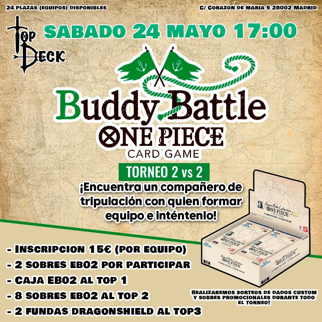 Este SABADO 24 DE MAYO Celebramos nuestra primera edición no oficial de Buddy-Battle! (torneo por parejas) 
-Se jugará a BO3
-Caja de EB02 al equipo ganador
-Premios para el TOP3 y sorteos entre rondas 
INSCRIPCIONES POR FORMULARIO: forms.gle/DLaxoCEebkAbRx…