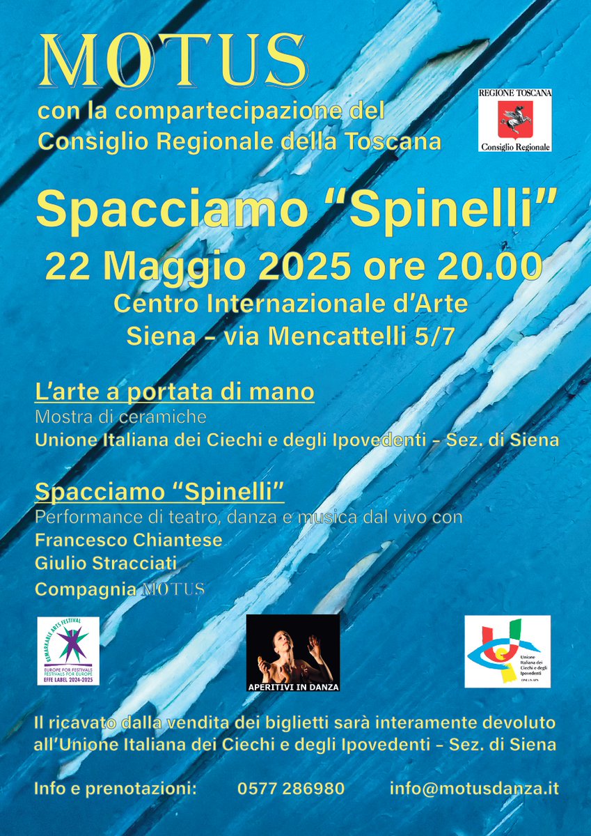 Un appuntamento speciale di #AperitiviinDanza Giovedì 22 Maggio alle 20 per celebrare in modo artistico la Giornata dell'Europa tra arti visive, danza, musica e teatro!
Vi aspettiamo al Centro Internazionale d’Arte di Siena.
#EuropeDay
Tutte le info qui: motusdanza.it/it/news/spacci…