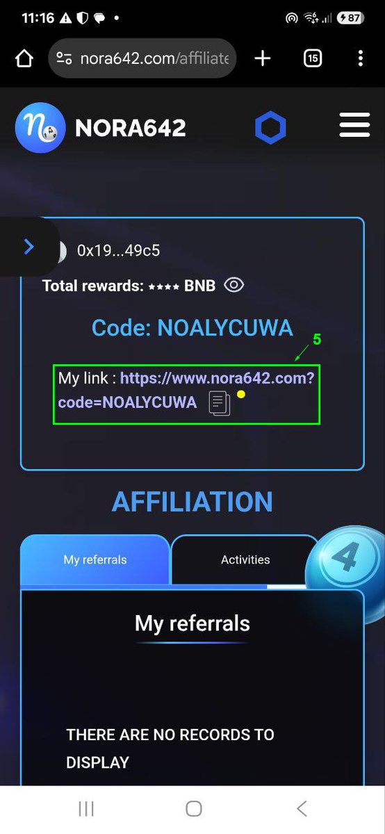 How to generate your Promo Link
1.  Log in by connecting your wallet to Nora642.com.
2.  Click on Affiliation from the main menu.
3.  Create your affiliate code. Either choose one yourself or let the system generate one for you.
4.  Click on Validate.
5.  Your unique
