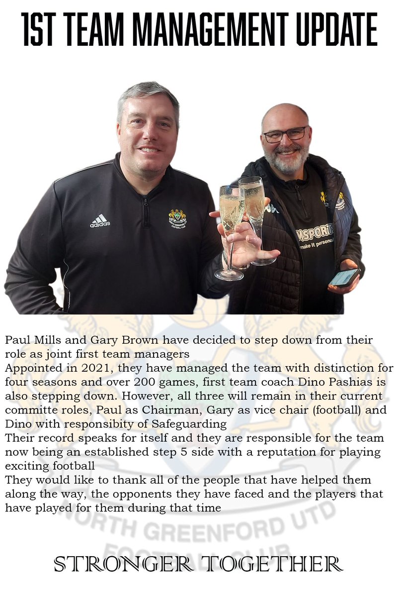 NGUfootballclub's tweet image. After 200+ games in 4 years @gary1975brown and @redharryjoe are stepping down from their roles of 1st Team Managers. 
Thank you gentlemen, it’s been fun and a huge pleasure to have you at the wheel.
