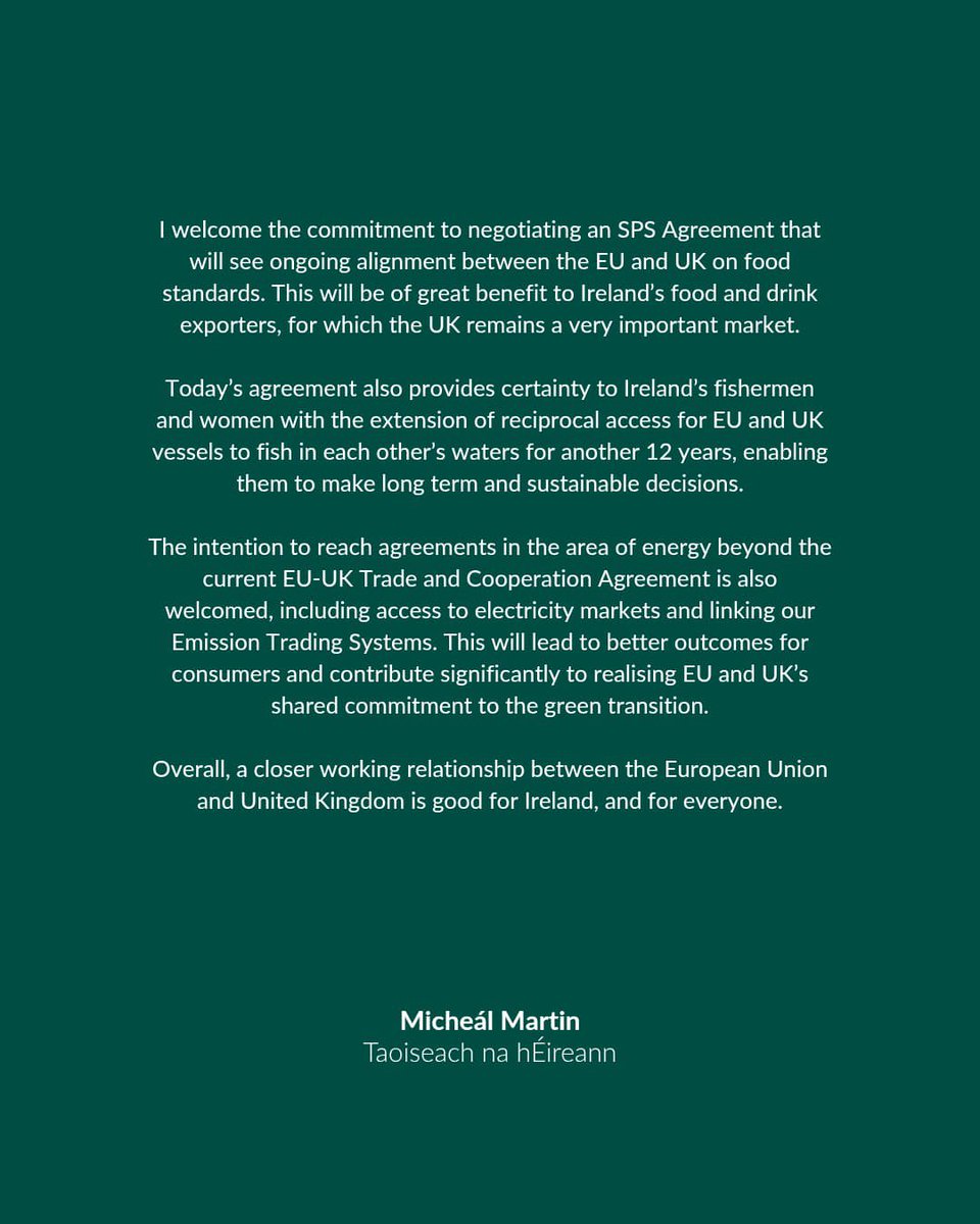 Micheál Martin (@michealmartintd) on Twitter photo I welcome the outcome of today’s EU-UK Summit in London and congratulate PM <a href="/Keir_Starmer/">Keir Starmer</a>, <a href="/EU_Commission/">European Commission</a> President <a href="/vonderleyen/">Ursula von der Leyen</a> and <a href="/eucopresident/">António Costa</a> Costa on concluding agreements and setting out an ambitious agenda for strengthening the partnership between the EU and the UK. I welcome the outcome of today’s EU-UK Summit in London and congratulate PM <a href="/Keir_Starmer/">Keir Starmer</a>, <a href="/EU_Commission/">European Commission</a> President <a href="/vonderleyen/">Ursula von der Leyen</a> and <a href="/eucopresident/">António Costa</a> Costa on concluding agreements and setting out an ambitious agenda for strengthening the partnership between the EU and the UK.
