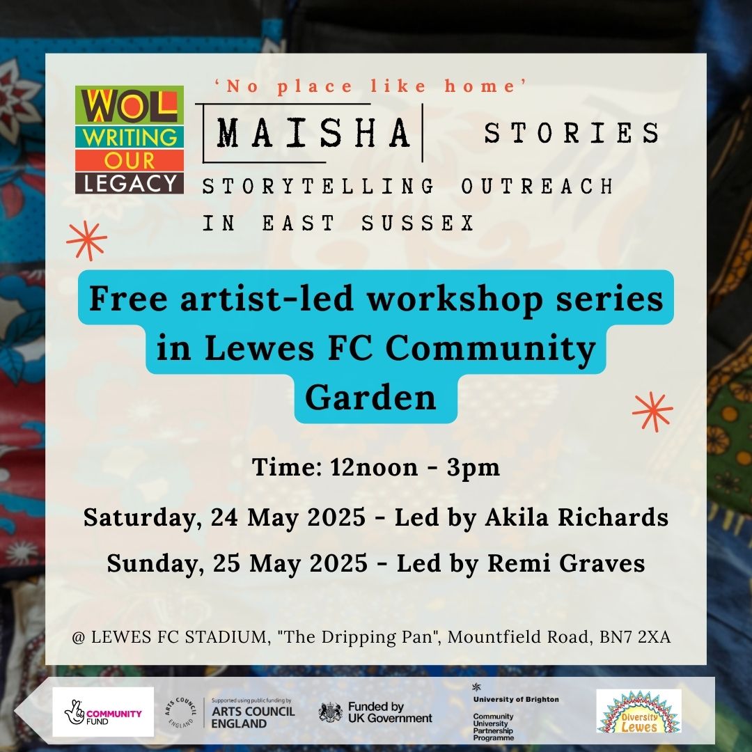 Join us at our Maisha Stories workshop with Akila Richards to create a map of your memories! 🌍✨ Through drawing &amp; storytelling, we’ll explore the places that made you feel at home.
📅 Sat, 24 May 12–3pm  Lewes FC Community Garden
🔗 Free: writingourlegacy.org.uk/event/maisha-s…
#MaishaStories