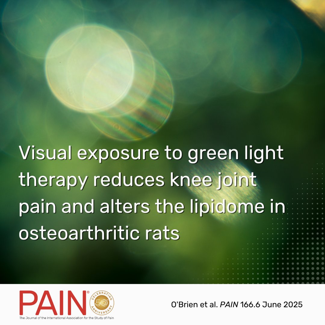 <a href="/JasonJMcDougall/">Jason J. McDougall</a> et al. find that visual exposure to green light reduced joint pain in osteoarthritic rats independent of nociceptor activity. Analgesic endolipids were upregulated, suggesting involvement of the endocannabinoid system. Learn more in #PAIN bit.ly/3S2xpe3