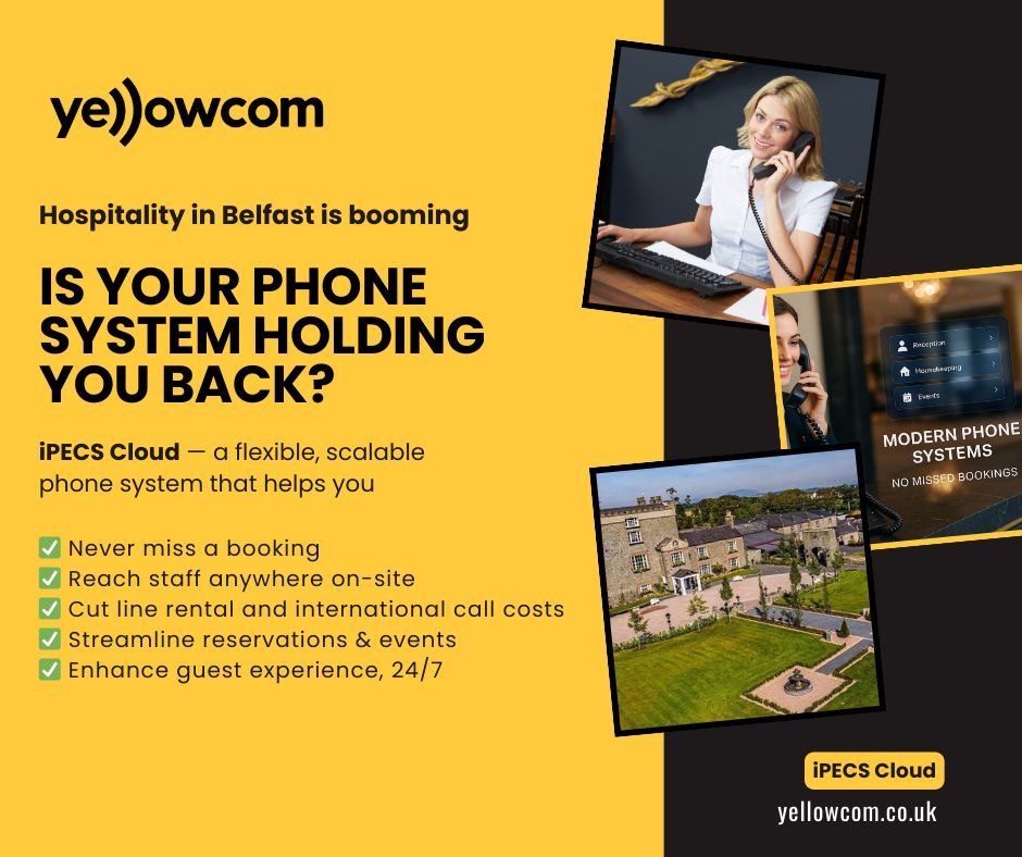 Yellowcom_ltd's tweet image. 📞 Belfast hospitality is evolving — is your phone system?

Upgrade to iPECS Cloud with Yellowcom and:
✔️ Never miss a booking
✔️ Cut costs
✔️ Boost guest satisfaction

Built for hotels, venues &amp;amp; restaurants.
🔗 yellowcom.co.uk/ipecs-cloud-ho…

#BelfastHotels #iPECSCloud #Yellowcom