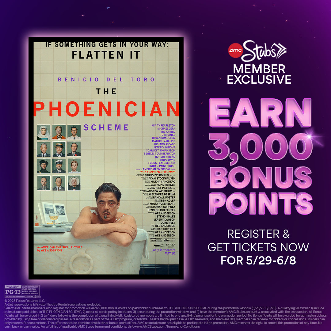 Register now and get tickets to see #ThePhoenicianScheme from 5/29-6/8 to receive 3,000 #AMCStubs bonus points. Don’t miss Wes Anderson’s epic comedy adventure starring Benicio Del Toro, Mia Threapleton and Michael Cera.
amc.film/3FfXyDg