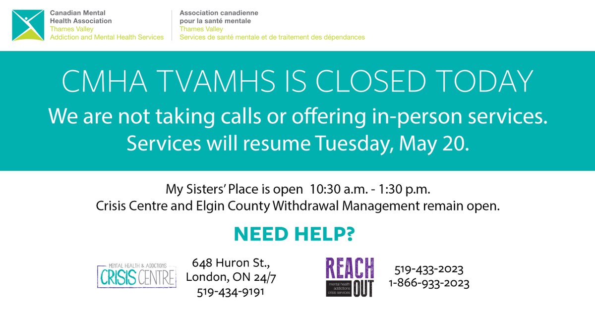 We are closed today. 
Crisis Services and Withdrawal Management Services remain open.