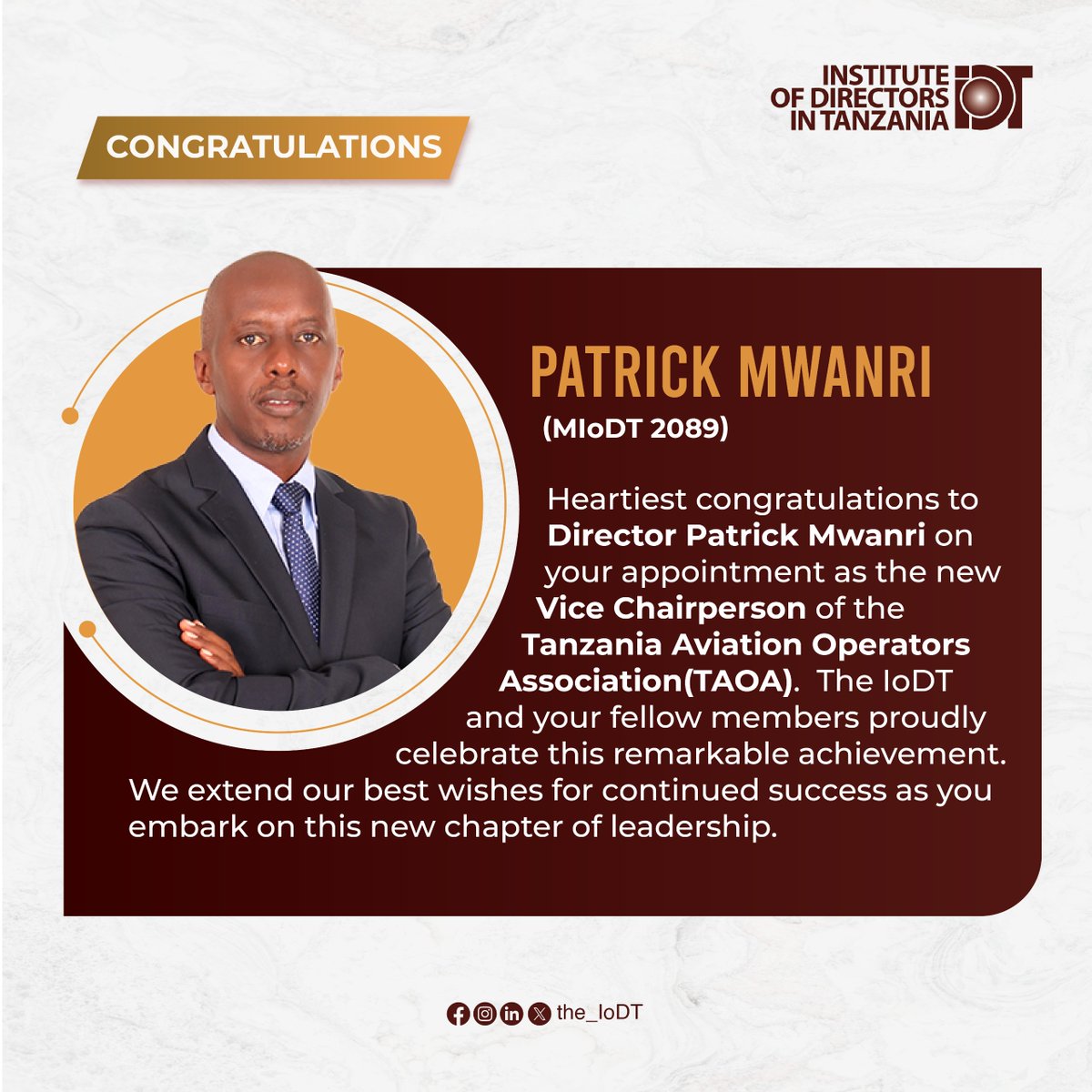 Congratulations Director Patrick Mwanri (MIoDT 2089) on your new appointment as the new Vice Chairperson of the Tanzania Aviation Operatros Association (TAOA). 

#BetterBoards
#BetterBusiness
#BetterTanzania