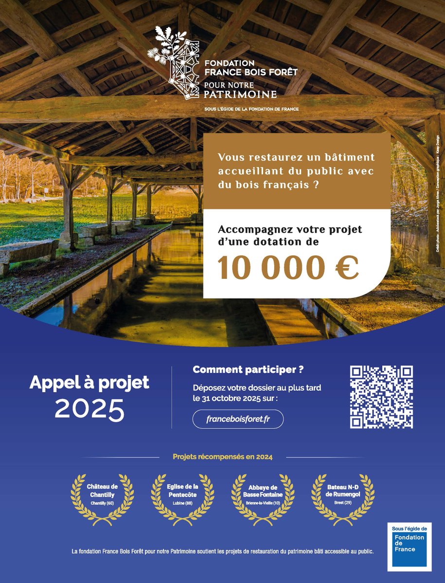 🏆 Vous avez un projet de restauration de bâtiment accueillant du public et vous souhaitez utiliser une importante quantité de bois français ? La Fondation France Bois Forêt pour notre Patrimoine soutient chaque année plusieurs projets, à hauteur de 10 000€ chacun ! Complétez