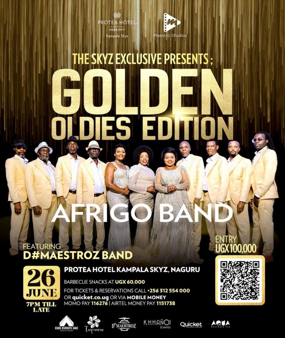 Tighten your seat belts for An Afrigo Band Skyz Exclusive OLDIES Edition organized by <a href="/SkyzHotel/">Protea Hotel by Marriott® Kampala Skyz</a> alongside maestros Studios 
Event production by EMD EVENTS  <a href="/EMDeventsUg/">EMD EVENTS SMC</a>