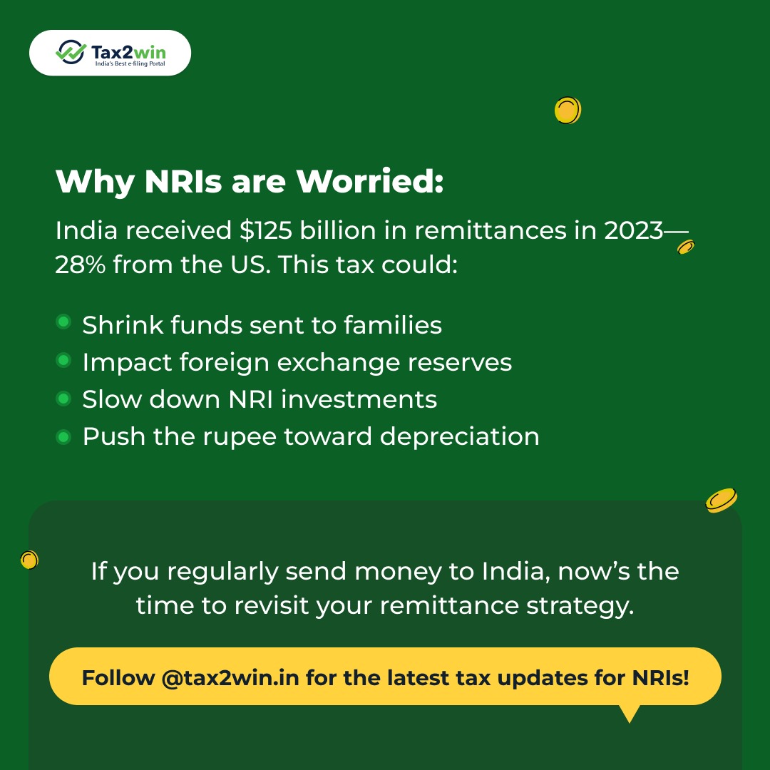 tax2win's tweet image. NRIs in the US—Major Tax Update Incoming!
From July 4, 2025, a 5% tax may apply every time you send money to India

This move could shrink your remittance value and impact the Indian economy too!

Follow @tax2win.in for all NRI tax alerts and tips!
#NRI #NRITax #Tax2Win