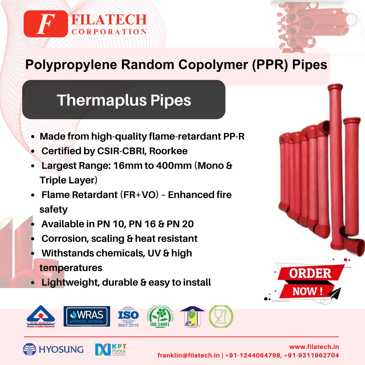 filatechindia's tweet photo. 🔥 India’s 1st PPRFR Thermal FR+VO Pipes for Firefighting — by KPT, available at @filatechindia!
✅ CSIR-CBRI Certified
✅ Sizes: 16mm–400mm
✅ Mono &amp; Triple Layer
Trusted. Tested. Flame-Retardant.
#Filatech #KPTPipes #PPRFR #FireSafety #MakeInIndia #Infrastructure #Firefighting https://t.co/CTwkqX6VH9