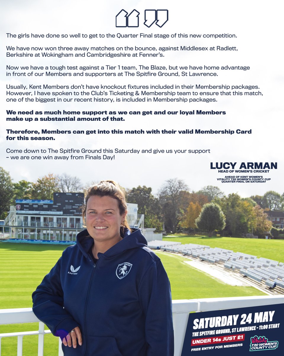 KentCricket's tweet photo. A message to our Members from Head of Women's Cricket, Lucy Arman 🗣️

🪪 This Saturday's Vitality T20 Women's County Cup Quarter Final is FREE ENTRY to all 2025 Kent Members https://t.co/7VGFw0u86p