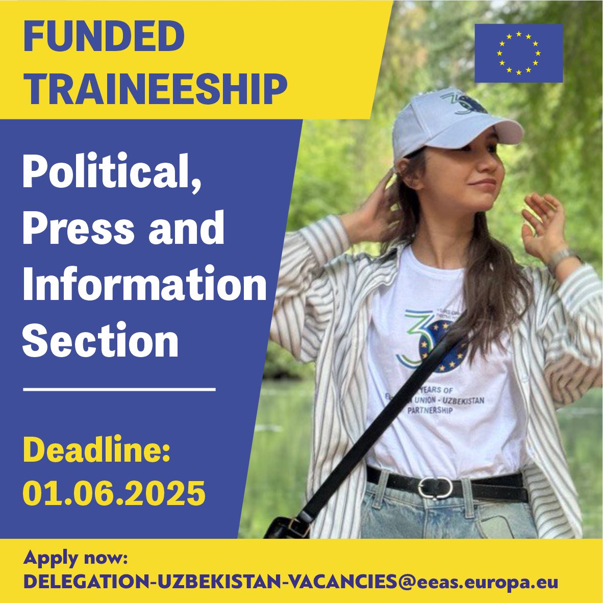 🚨Funded Traineeship 
📌 Are you a young graduate interested in international relations? 
📌 Curious to learn more about the work of a diplomatic mission in Uzbekistan?
✔️Apply for a traineeship within our Political, Press and Information Section now 
👩‍💻👉eeas.europa.eu/delegations/uz…