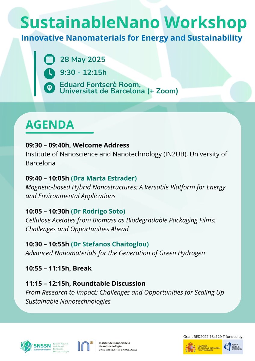 SNSSNano's tweet image. 🔬 How can nanotech help build a sustainable future?
First #SustainableNano workshop:
🌱 Biodegradable packaging
⚡ Green hydrogen
🧲 Magnetic nanostructures
At @QuimicaUB @FisicaUB Eduard Fontserè Room on May 28, 9:30 h
🔗snssn-sustainablenano.net/events/sustain…