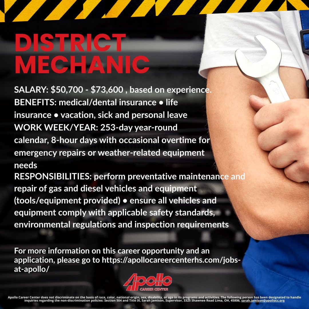 Lima, Ohio - We are hiring a DISTRICT MECHANIC. Please share this post with anyone looking for a great opportunity in this career field!