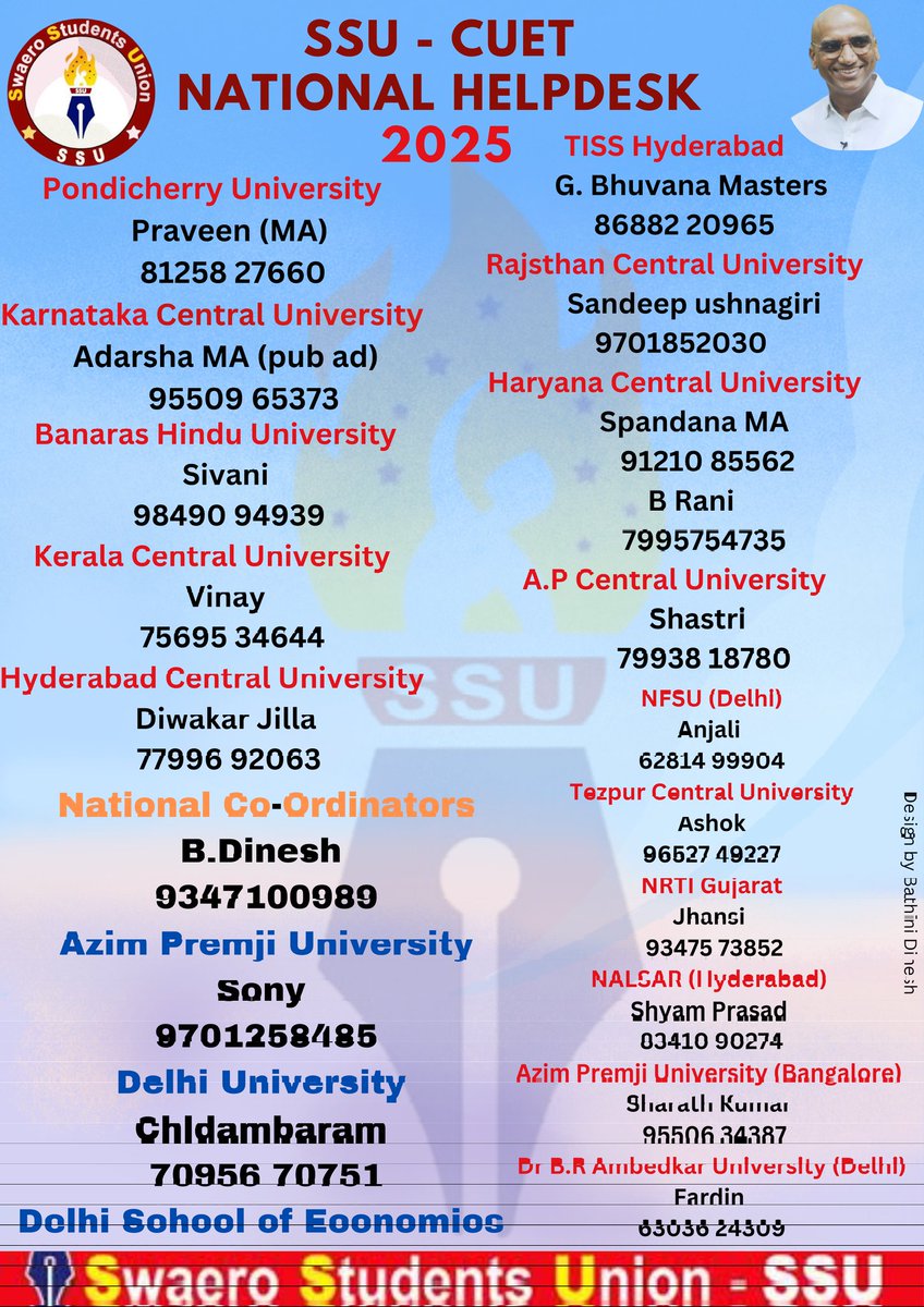 SSU_Delhi's tweet photo. On behalf of @Swaerossu we are launching a National Level Free Helpdesk for Central University Common Entrance Test (CUET) aspirants for both UG&amp;PG
We guide,support,empower you across India with expert advice and updates which are totally free of cost.
@puneetrepalle
#CUET2025 https://t.co/jLvUCZ4GMV