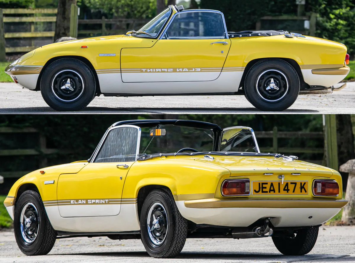 UltimativCars's tweet photo. #SupercarFest2025
The only-#RHD built #Lotus #Elan (1962-73) was made in 8.676 units, incl. 1.352 #Sprint|s:
573 FHCs (Type 36) & 856 #DHC|s (#Type45) - minus 77 S4/Sprint conversions W/O FHC/DHC-differentiation.
This fact. '72 L.-#yellow/#Cirrus-#white DHC was sold at £36,333. https://t.co/3neftRLG1P