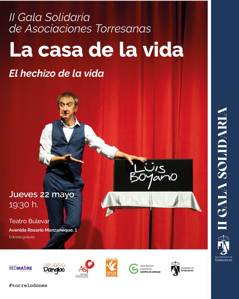 Ayuntamiento de Torrelodones (@ayto_torre) on Twitter photo 🔮 ¡Vuelve la II Gala Solidaria de #Torrelodones!
🗓 Jueves 22 de mayo · 🕢 19:30 h
📍 Teatro Bulevar
🎩 Magia con Luis Boyano (<a href="/lboyano/">Luis Boyano</a>)
💛 <a href="/RedMadreFunda/">Fundación REDMADRE</a>, <a href="/ContraCancerMAD/">Asociación Española Contra el Cáncer en Madrid</a>, <a href="/fswest/">Fundación Síndrome de West</a>, <a href="/cirugiaendangbo/">Cirugía en Dangbo</a> 🔮 ¡Vuelve la II Gala Solidaria de #Torrelodones!
🗓 Jueves 22 de mayo · 🕢 19:30 h
📍 Teatro Bulevar
🎩 Magia con Luis Boyano (<a href="/lboyano/">Luis Boyano</a>)
💛 <a href="/RedMadreFunda/">Fundación REDMADRE</a>, <a href="/ContraCancerMAD/">Asociación Española Contra el Cáncer en Madrid</a>, <a href="/fswest/">Fundación Síndrome de West</a>, <a href="/cirugiaendangbo/">Cirugía en Dangbo</a>