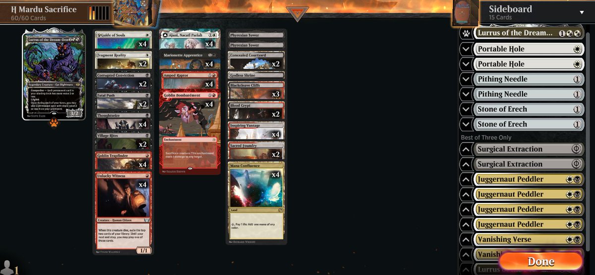 Mardu Sacrifice on Historic. Until now 4-0 against Sorin decks with this version. <a href="/fireshoes/">Robert Taylor🔥</a> 

Decklist in ALT: