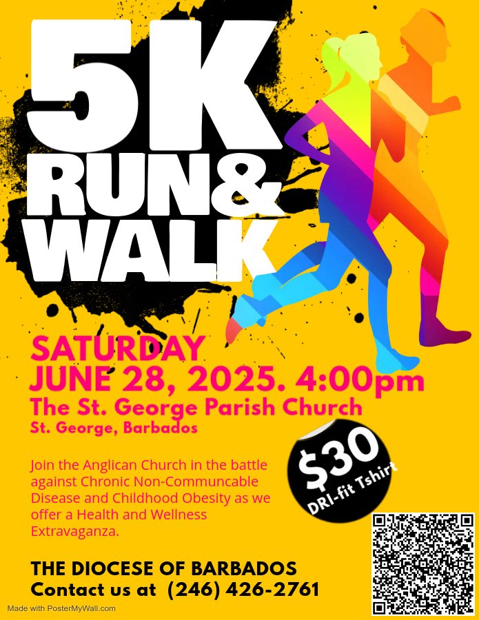 Join the Anglican Church in Barbados for a Health and Wellness Extravaganza on Saturday June 28, 2025 from 2:00pm - 6:00pm. There will be a 5k Walk/Run at 4:00pm.  There is a Tshirt sign up. Just scan the barcode.  #health #wellness #walk #run #church #faith